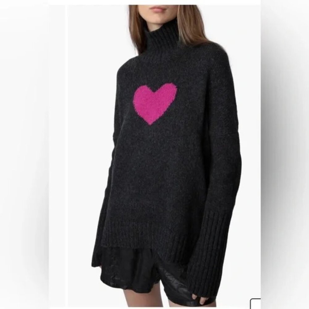 NWT Zadig & Voltaire Alma Intarsia Jacquard Heart Sweater Ardoise S